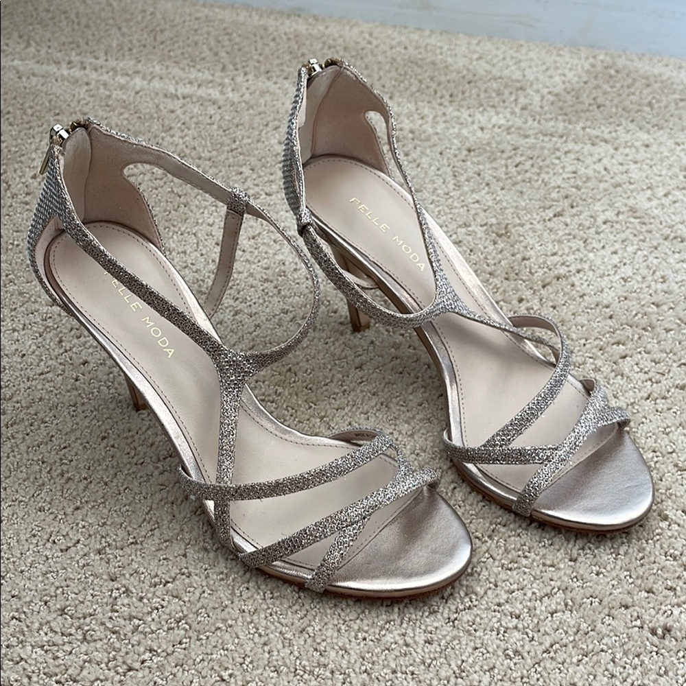 Pelle Moda Champagne Strappy Heels for Formal Occasions - Picture 1 of 9